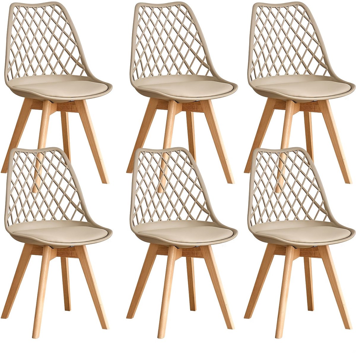Home & Beyond® Eetkamerstoelen Set van 6 - Scandinavische Stoelen - Keukenstoelen met Zitkussen - Armloze Stoelen met Open Rugleuning - Beige - 41x49x82 cm