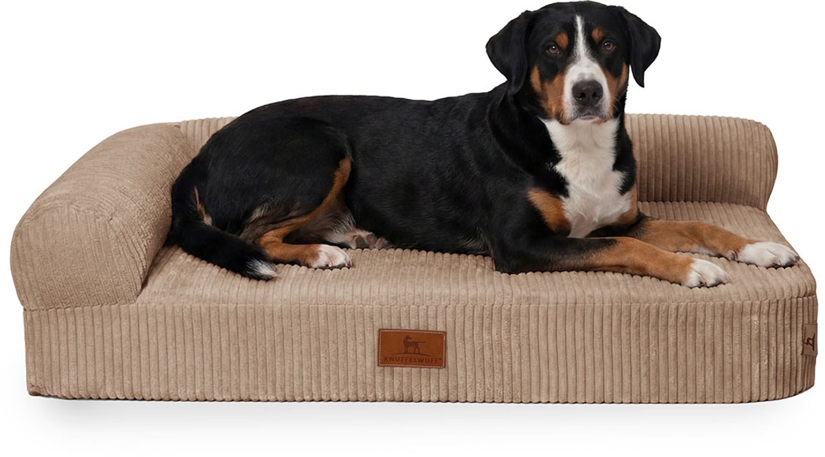 Knuffelwuff orthopedisch hoekhondenbed Cortland van ribfluweel XXL 120 x 80cm Leuning links Bruin