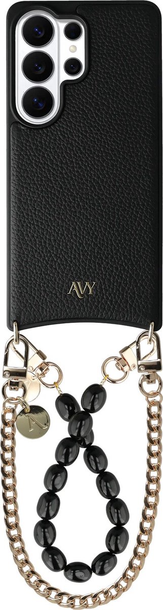 AVY Leren Hoesje Geschikt voor Samsung Galaxy S26 Ultra | Compatibel met MagSafe | Leather Case met Telefoonkoord | 2 Polsbandjes | Zwart | Rosario Gold Set
