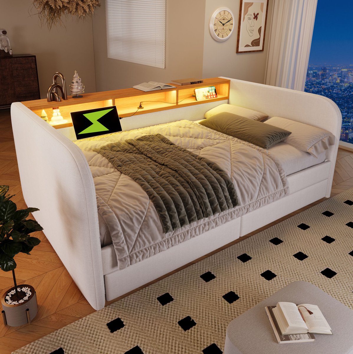 REDOM - Bedbank - LED verlichting en USB-C laadfunctie - 2 lades en opbergruimte in hoofdeinde - Moderne stijl - Slaapbank - Stof, Hout, Metaal, MDF - Beige - 153 x 196 x 65 cm