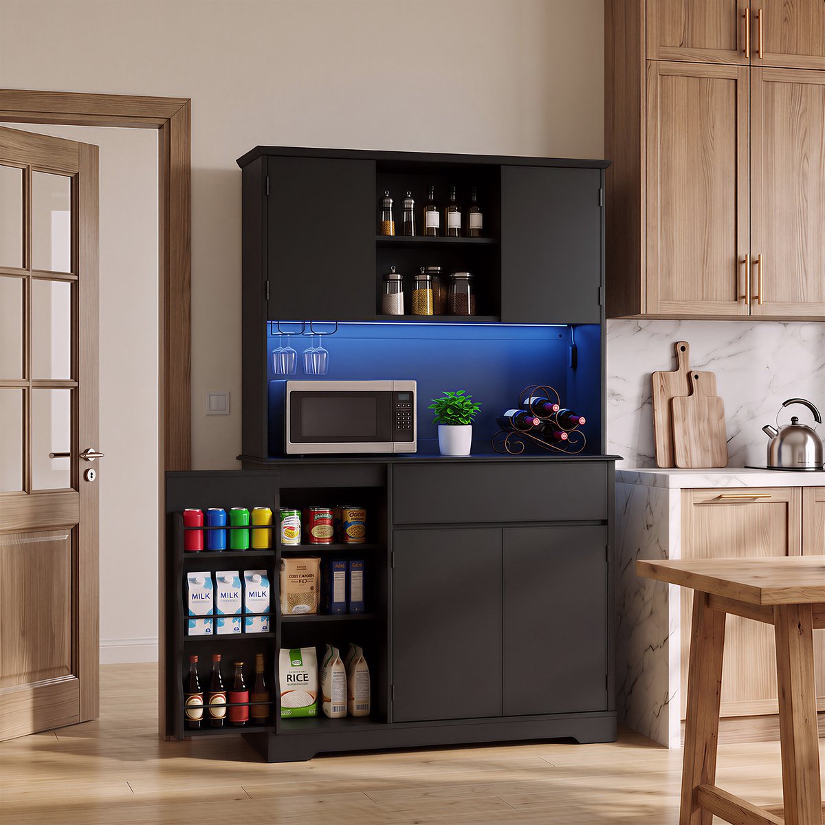 Xbro Keukenkast met 1 Lades,5 Deuren en 4 Verstelbare Planken,Buffetkast met Verstelbare LED-Verlichting en EU-stekker,Opbergkast voor Keuken en Woonkamer,Zwart