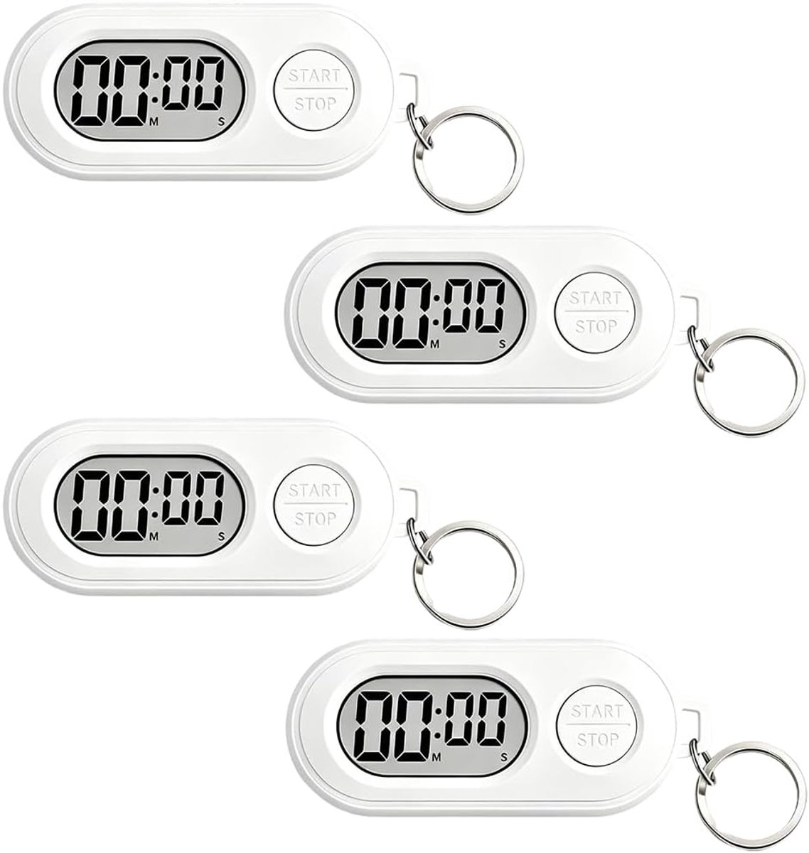stopwatch, 4 stuks mini-countdowntimer, lcd-scherm, stopwatch met sleutelhanger, lichte kleine keukentimer, eierwekker, digitale timer voor koken, studeren, oefeningen, wit