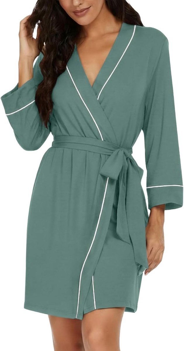 Badjas dames korte V-hals 3/4 mouwen ochtendjas lichte kimono robe loungewear