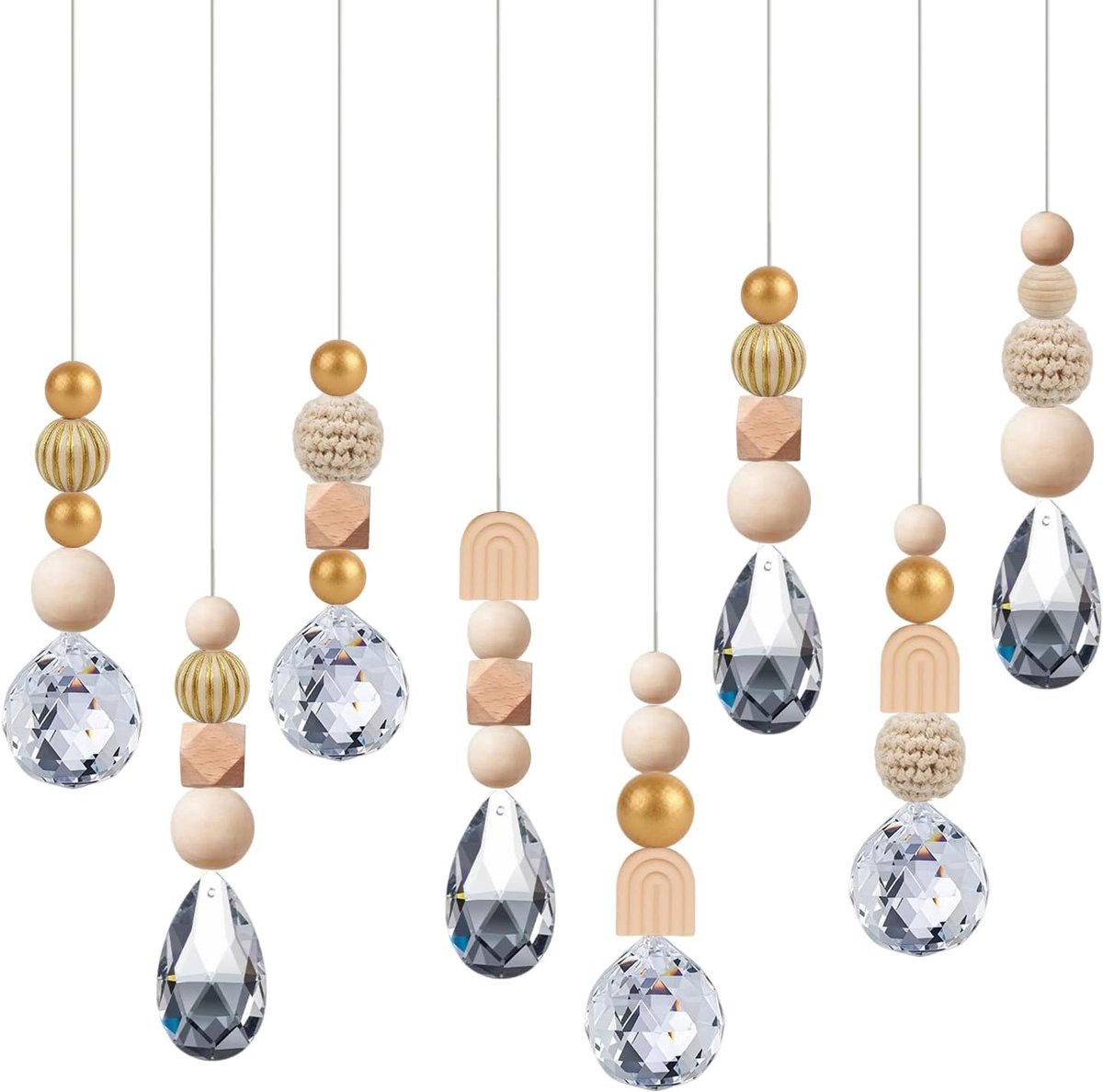 Zonnevangers voor ramen, set van 8 zonnevangers met houten kralen en kristallen bol, zacht lichtspel, Scandinavische woonkamerdecoratie, om zelf te knutselen
