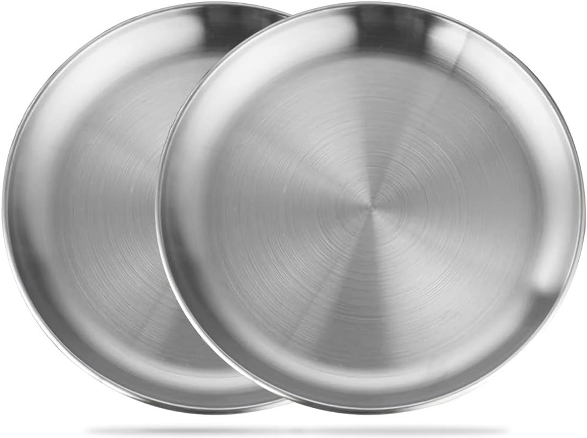 2 stuks 20 cm (8 inch) roestvrijstalen ronde borden, metalen kampeerplaten, roestvrijstalen platen, herbruikbare metalen dinerborden voor buitenpicknicks en kamperen (zilver, 20 cm)