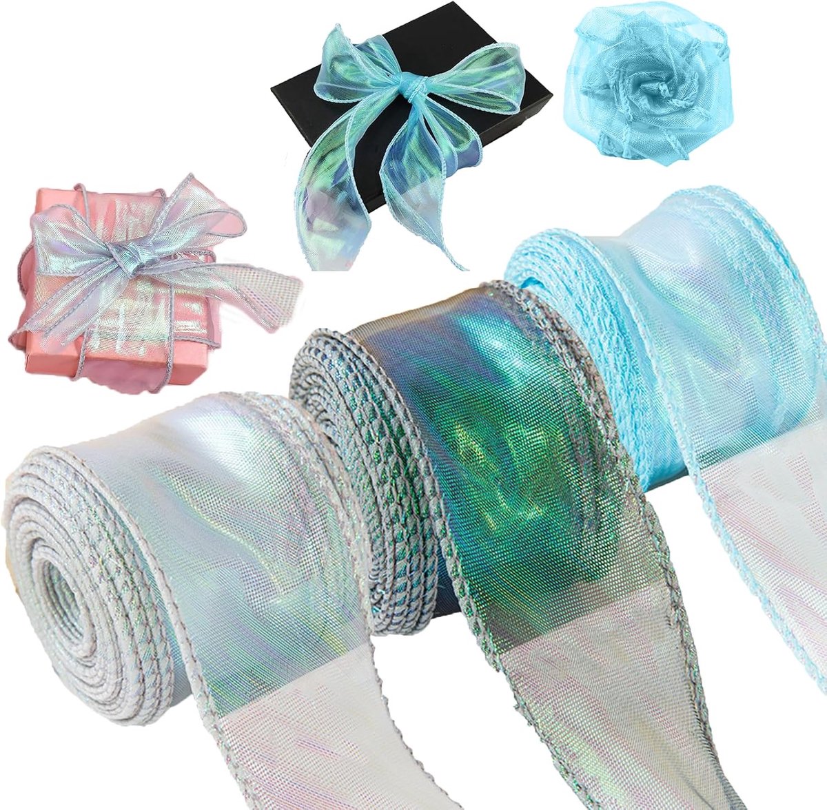 3 stuks glinsterend organza lint, 4 cm x 9 m, kleurrijke linten voor gastgeschenken, geschikt voor bloemisten, bruiloftsplanners en geschenkverpakkingen (zilver, groen, blauw)