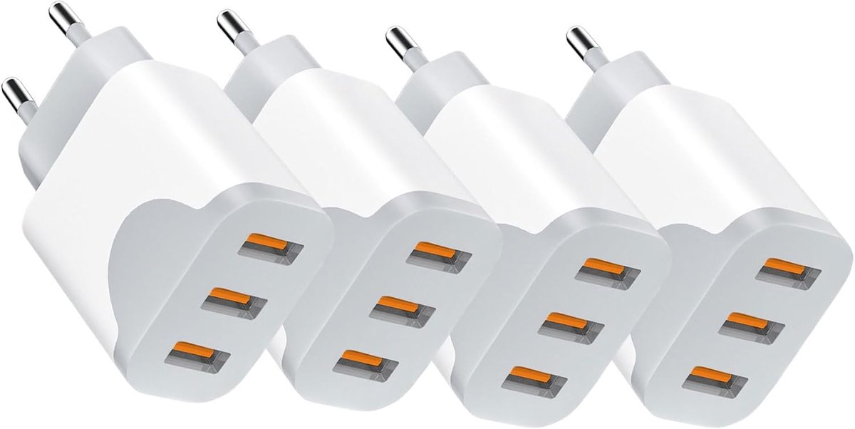 15 W, 4 stuks, 3-poorts stekker, 5 V, 2,4 A, meervoudige USB-stekker, netstekker, voeding, laadstekker, plug voor iPhone 14/13/12/11/10/XR/XS/8/7/6 tablets, telefoon-oplader