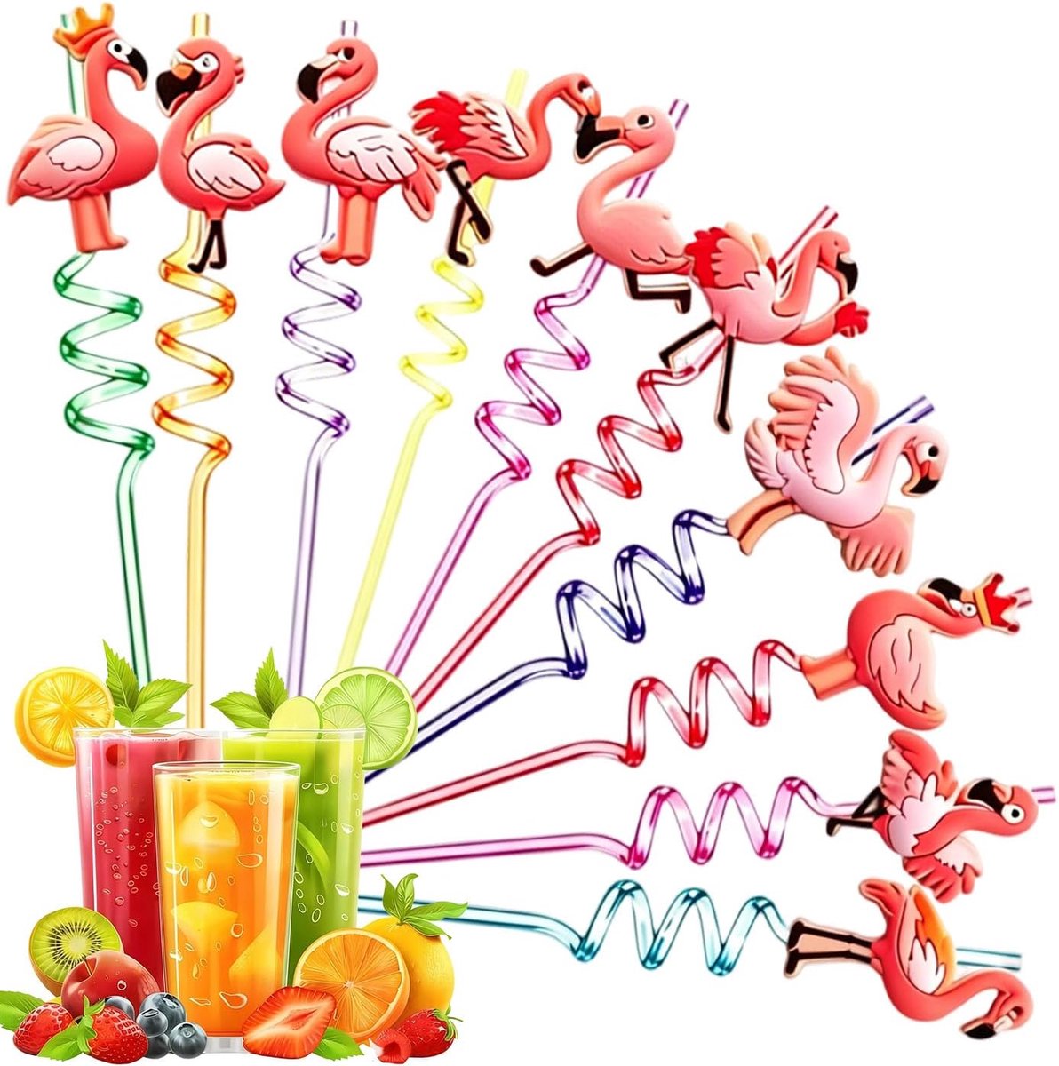 Herbruikbare flamingo-rietjes voor kinderen, kleurrijke kunststof rietjes met spiraal, voor decoratie van verjaardagen, feestjes en kinderevenementen, 26 cm lang