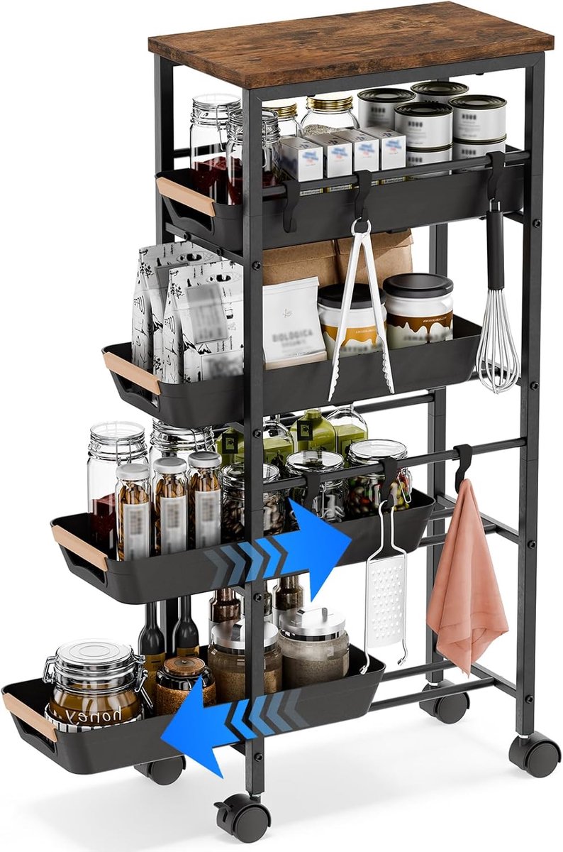 Keukenwagen met 5 niveaus, met wielen, metaal, smal | Keukenrek, smal, opbergwagen met 4 laden en houten plaat, nisrek voor kleine ruimtes, keuken, badkamer, woonkamer
