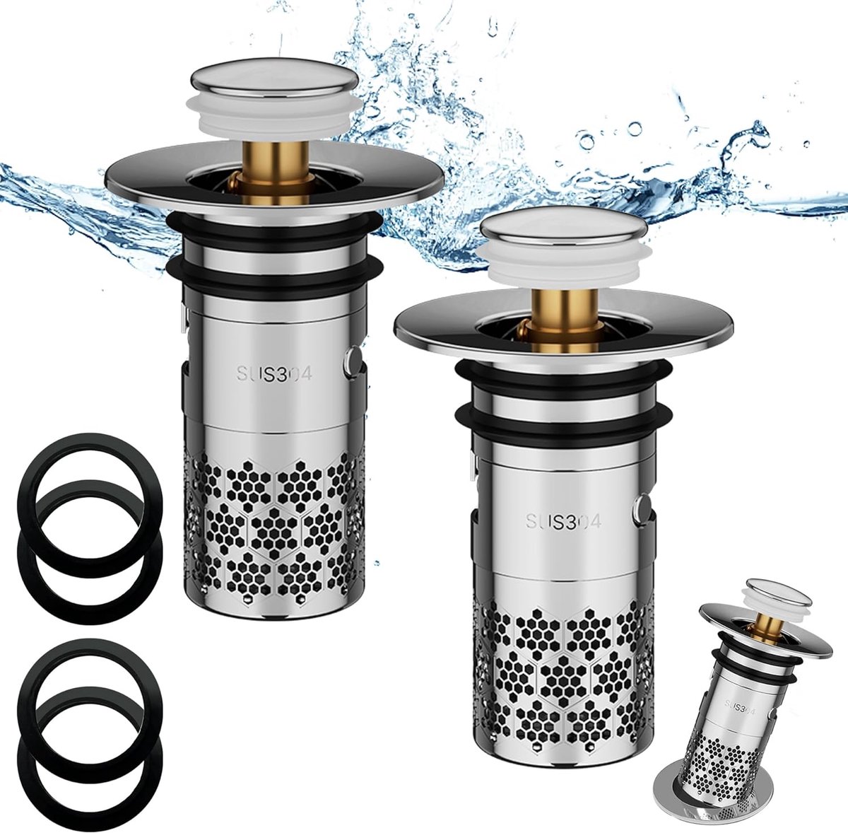 2 stuks Wastafelstoppen Pop-Up, Universele Pop Up Afvoerstop Wastafel, Badkamer Gootsteen Plug Stopper, Roestvrij Staal Drain Plug, Mesh zak met filtermand, voor wastafel, badkuip (34-40 mm) - Zilver.