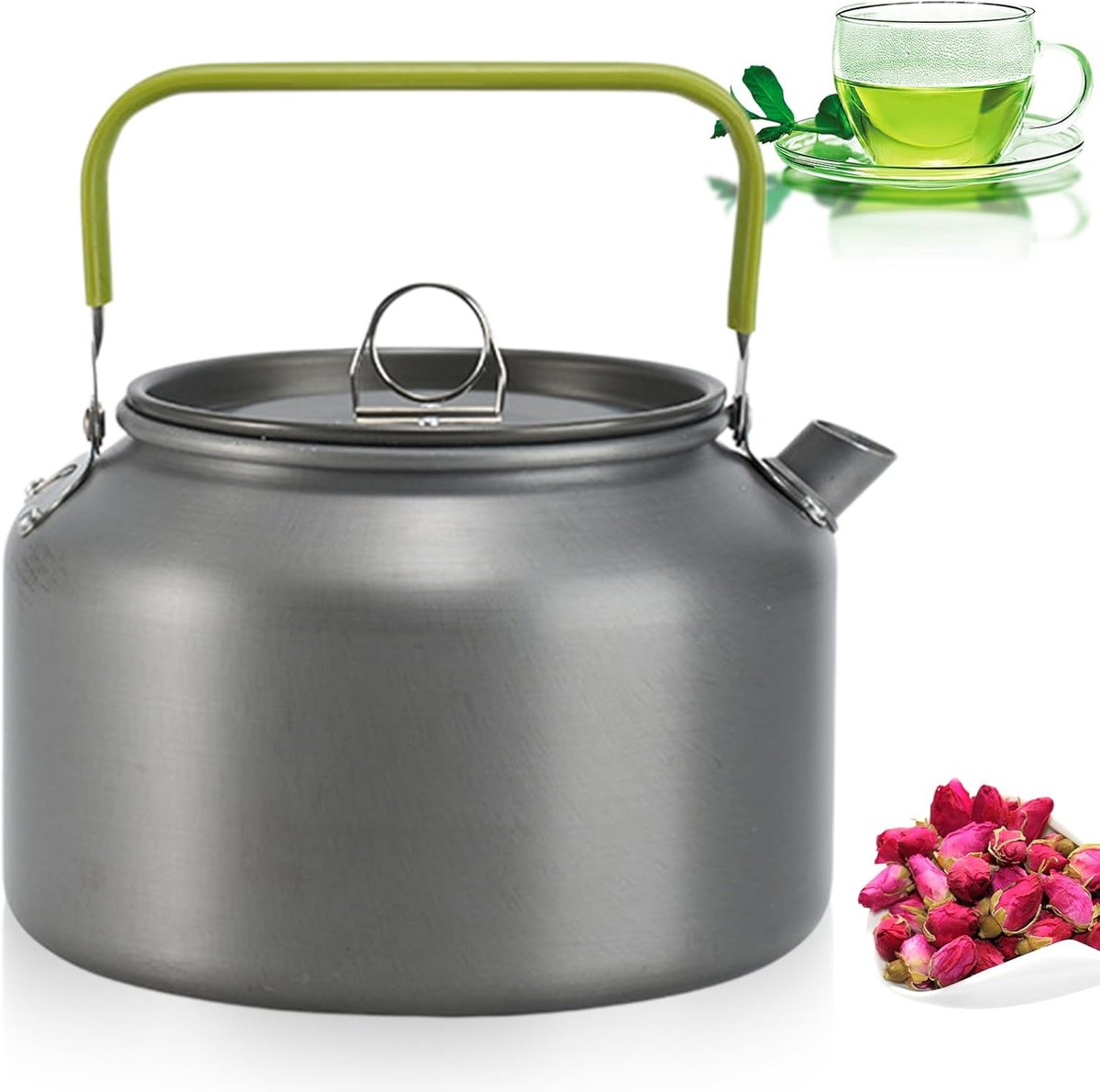 0,8 l, waterketel, inductie, campingtheepot met groene handgreep, ultralichte aluminium theeketel, draagbare ketel voor outdoor, picknick, wandelen (grijs)