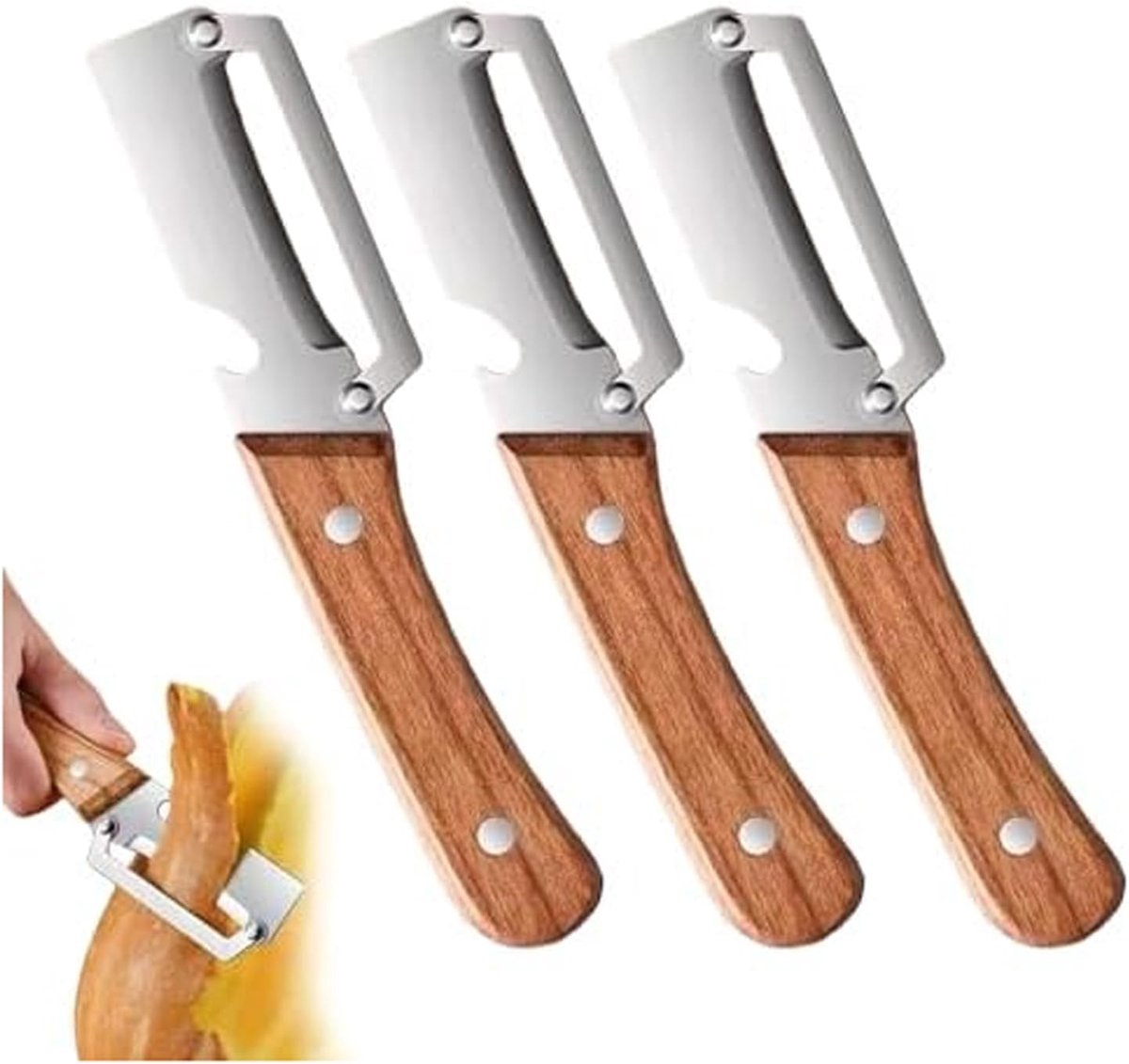 3 stuks multifunctionele groenteschiller met houten handvat, 2-in-1 aardappelschiller met flesopener van roestvrij staal voor fruit en groenten