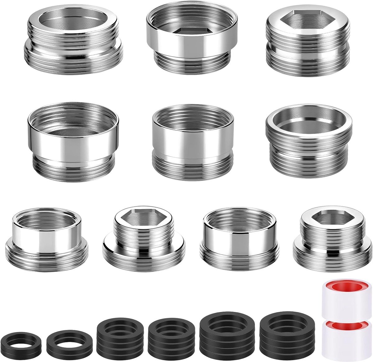 10 stuks adapter voor kraanbeluchter met sluitringen en plakband – universele beluchter voor het aansluiten van tuinslang, gootsteendouche en waterfilter