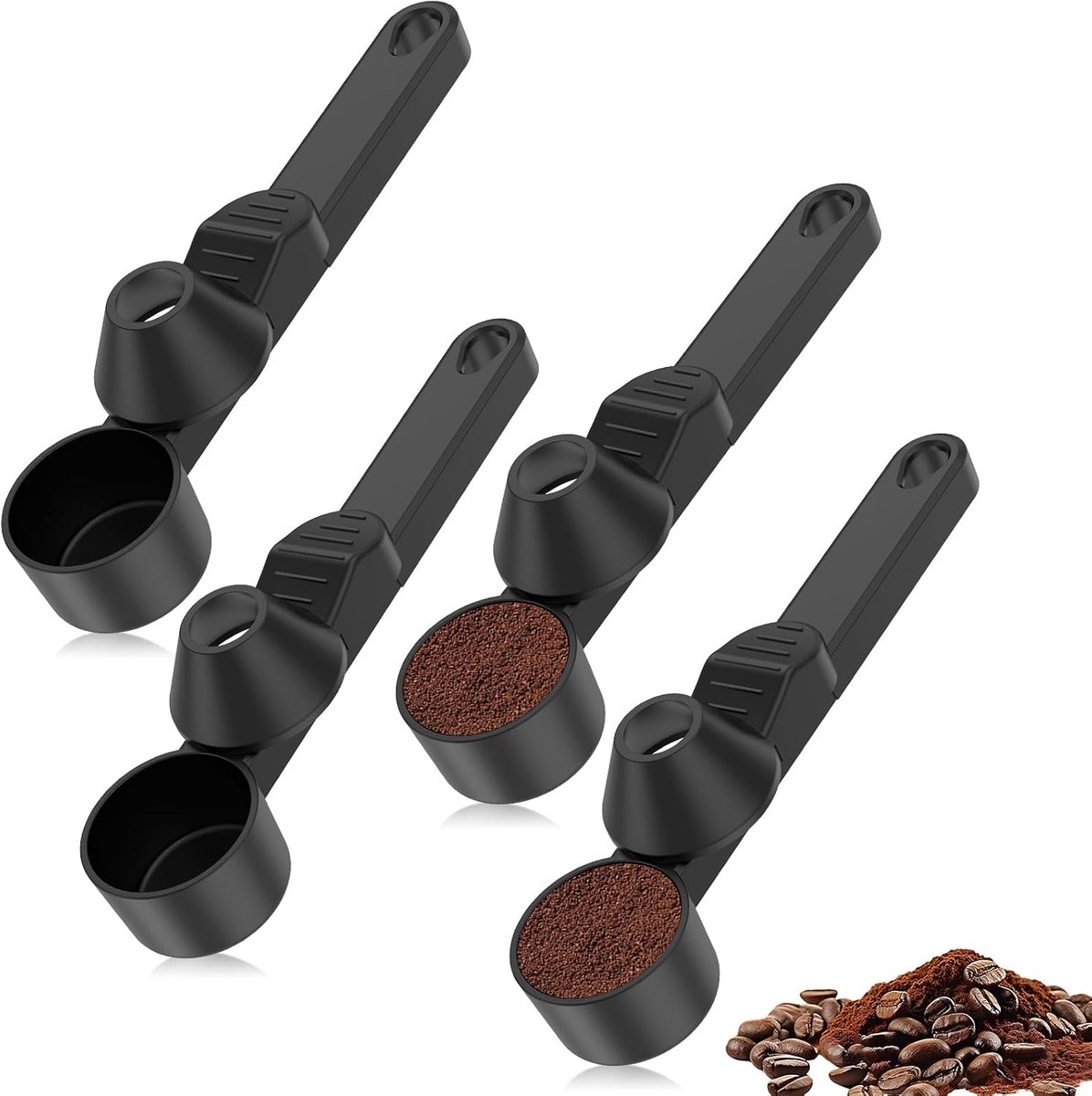 4 stuks koffielepels doseerder, 30 ml, koffielepel met trechter, zwarte scoop trechter, koffielepel voor koffie, thee, specerijen, poeder