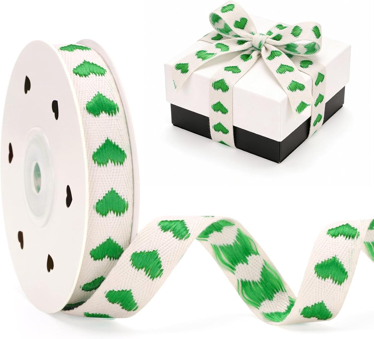 15 mm katoenen cadeaulint met groene hartjes: 10 meter lint voor geschenkverpakking, geborduurde jacquardlint voor Valentijnsdag, bruiloftsdecoraties