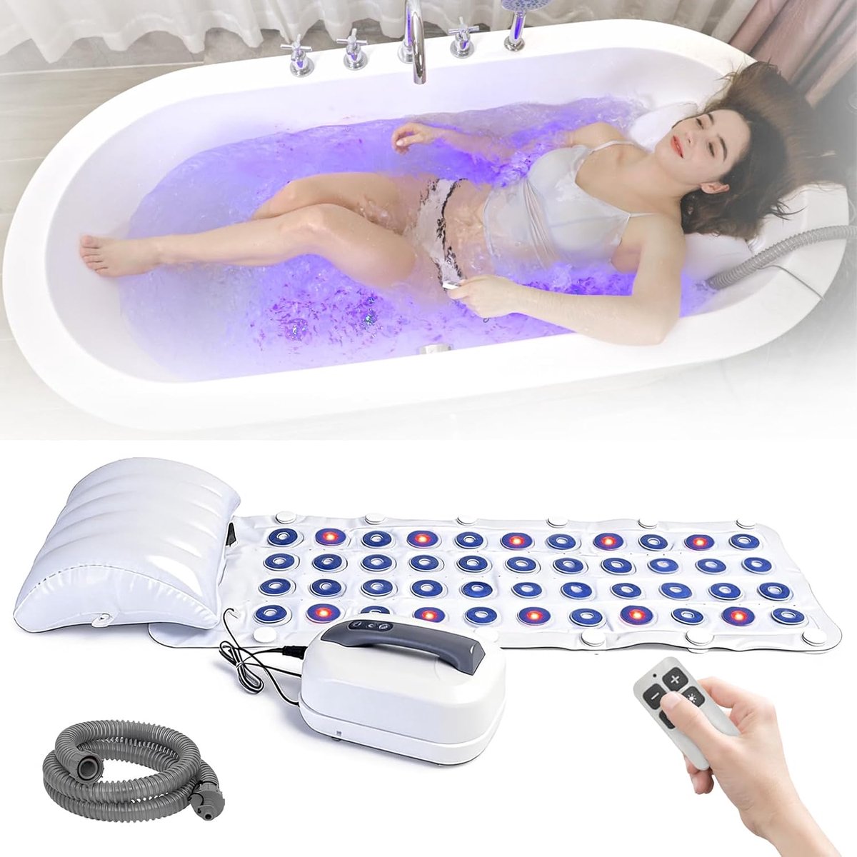 Buismat voor badkuip, whirlpool mat voor badkuip, bubbelbad, met meerdere kleuren, 6 intensiteitsniveaus, met 44 sproeiers en kussen, spa, badaccessoires voor spa baden