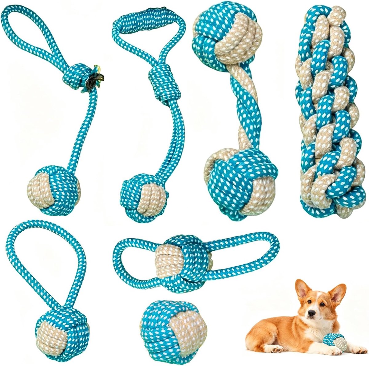 7-delige hondenspeelgoedset: bijtbestendig speelgoed voor kleine honden en puppy's, ideaal voor tandverzorging - duurzaam interactief touwspeelgoed (blauw)