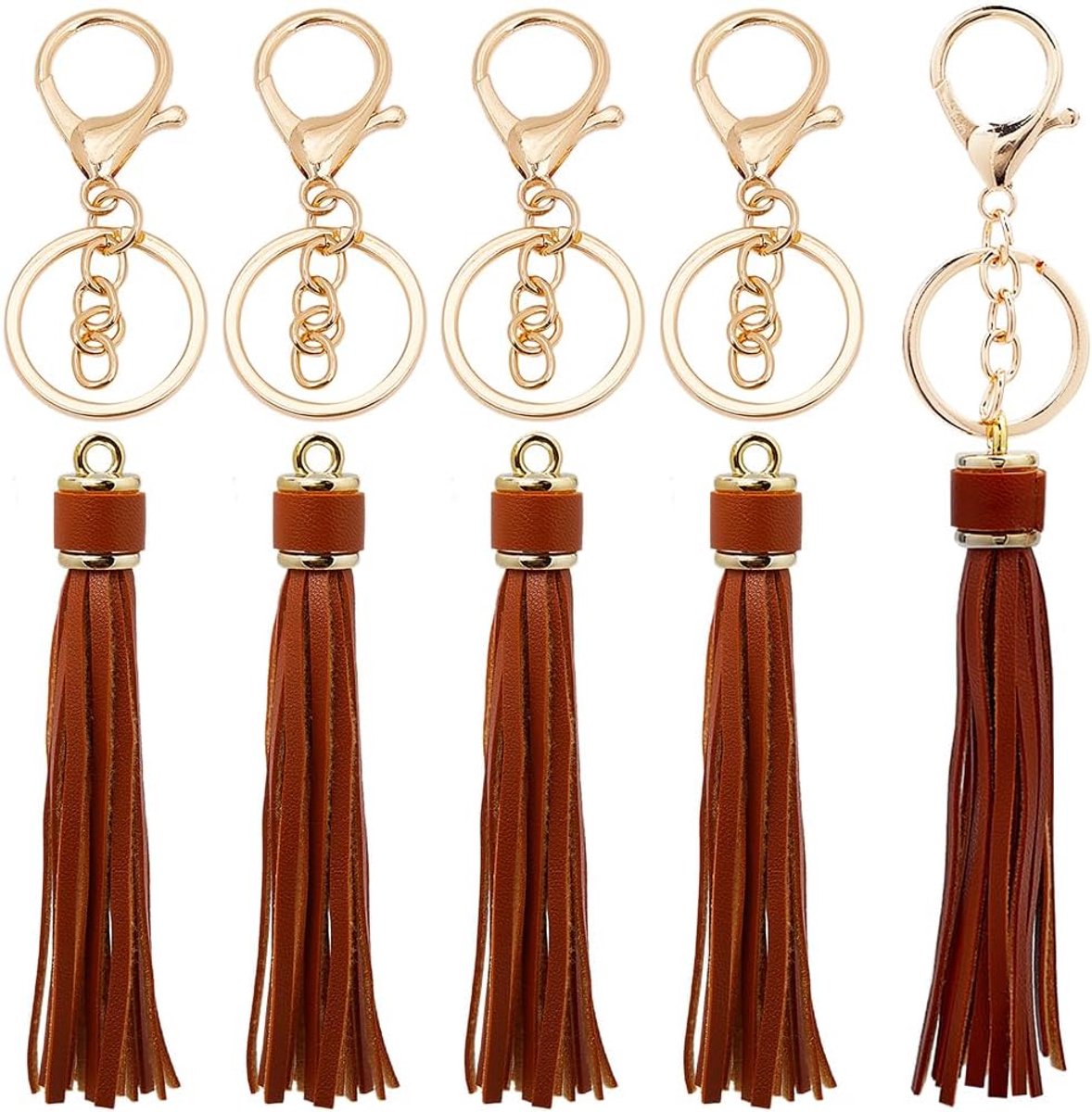 1 Doos 4 Stuks Kwastje Sleutel Charm Fringe Sleutelhanger Kwastjes Bulk Bruin Imitatie Lederen PU Franjes Charms met Goud Ijzer Kreeft Swivel Sluiting Bevindingen voor Sleutelhangers Handtas