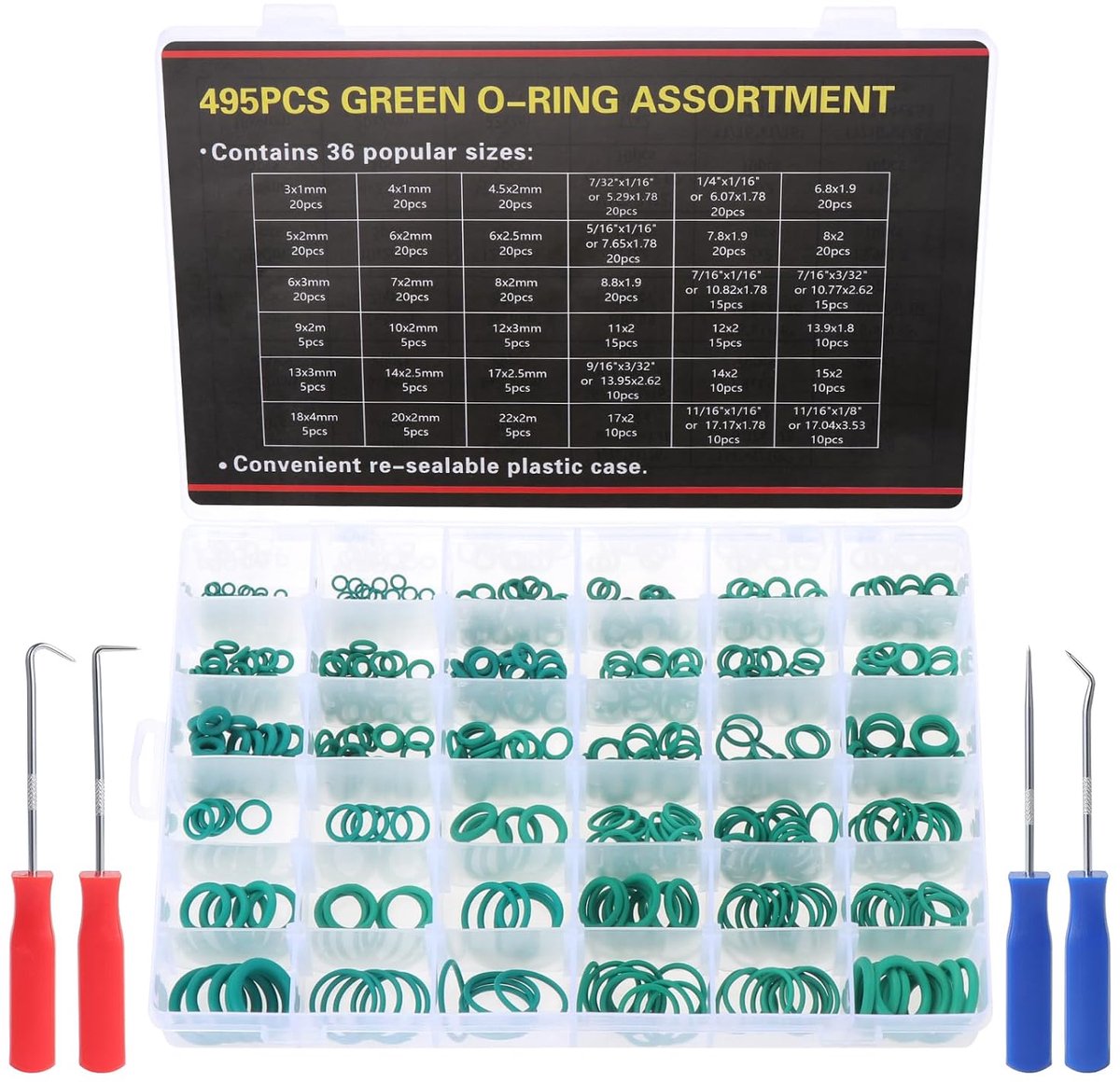 495 stuks 36 maten afdichtingsringen, set O-ringen assortiment, nitrilrubber afdichtringen, olie-benzinezuur en hittebestendig met 4 pick & haken