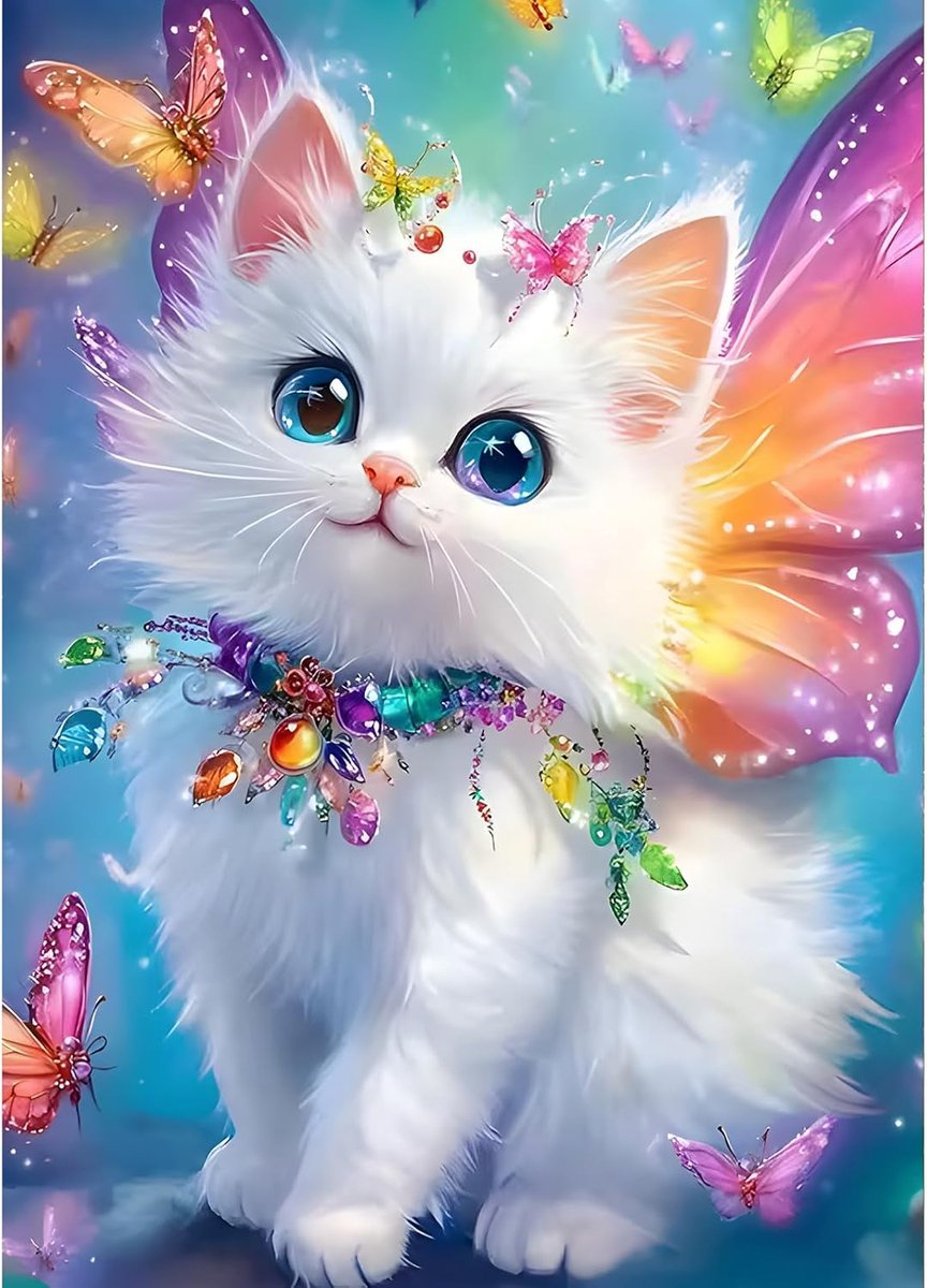 Doe-het-zelf witte kitten 5D Diamond Art Kits, ronde full drill Sparkling Fantasy Cat Diamond Painting Picture, vlinderschilderij op nummer kunstkits voor volwassenen, beginners