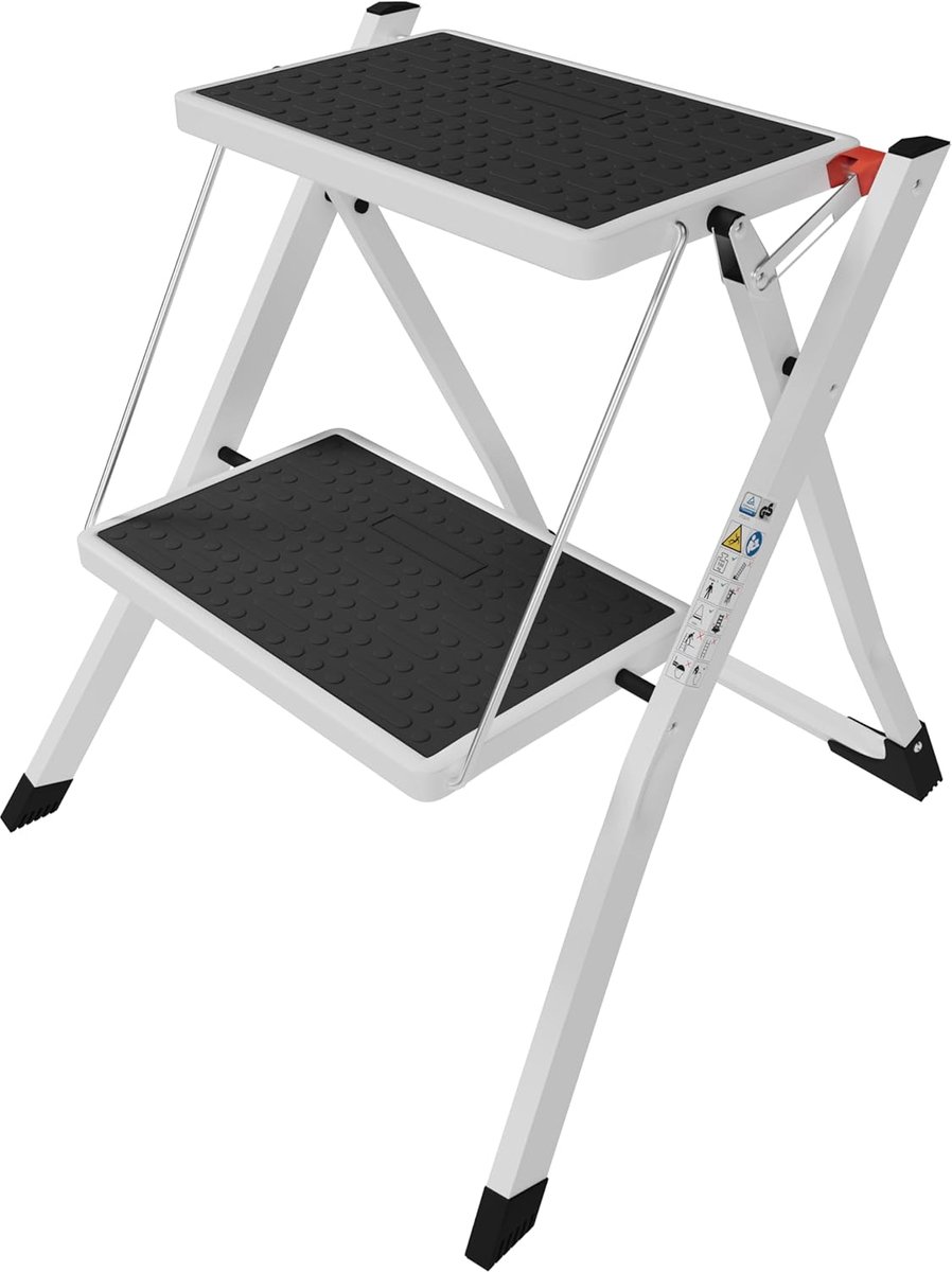 Vida 2-traps ladder, compact, robuust staal, draagbaar, opvouwbaar, antislipmat, thuis, keuken, doe-het-zelf, tuinopstapladder, maximale capaciteit van 150 kg