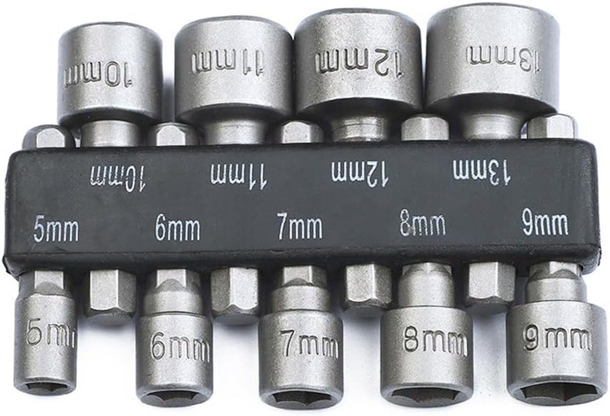 9 Stks 1/4 Inch Zeskant Power Nuts Driver Boor Bit Gereedschap Metrische Sleutel Voor Snellere Wisseling Chuck Power Socket Adapter 5-13mm