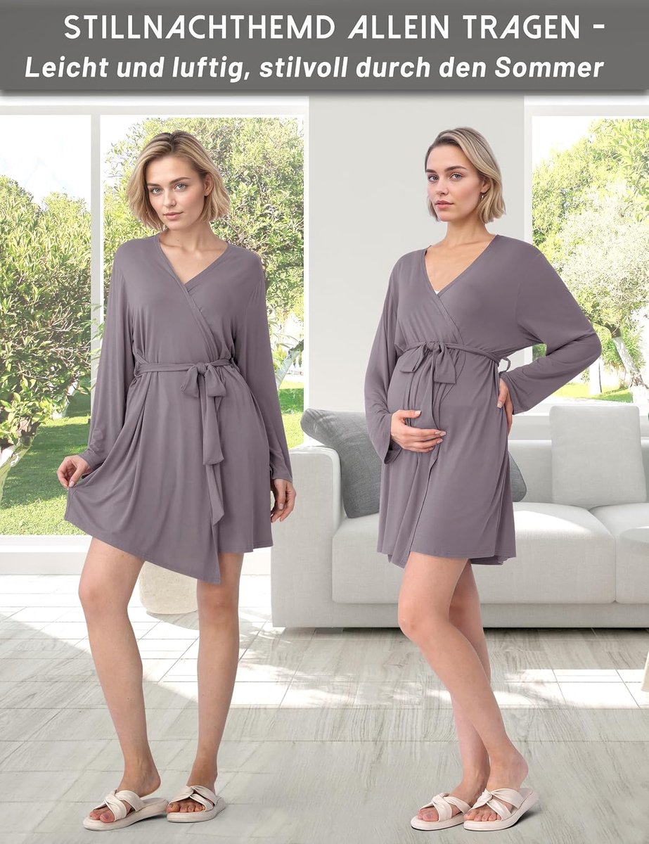 Voedingspyjama voor dames, 3-delig, zwangerschaps- en borstvoedingspyjama met top, broek en ochtendjas, ideaal voor zwangerschap, weekbed en kliniek