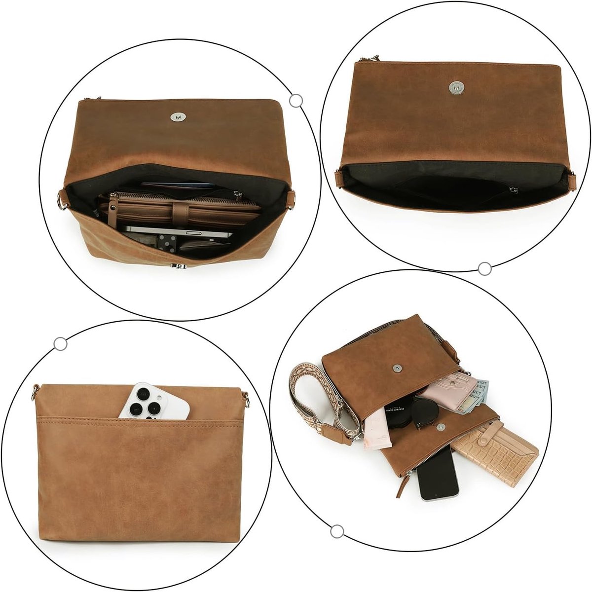 Schoudertas voor dames, damestas met 3 compartimenten, opvouwbaar met meerdere vakken, clutch met rits, crossbodytas, leren handtas