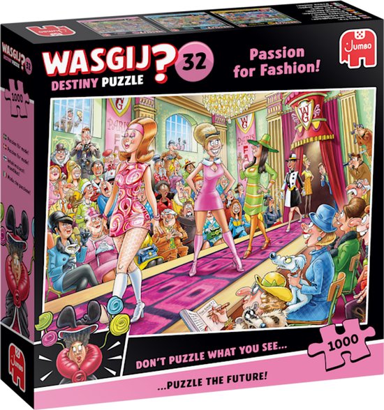 Wasgij Destiny 32 puzzeldoos met mode thema. Drie modellen lopen over een catwalk.