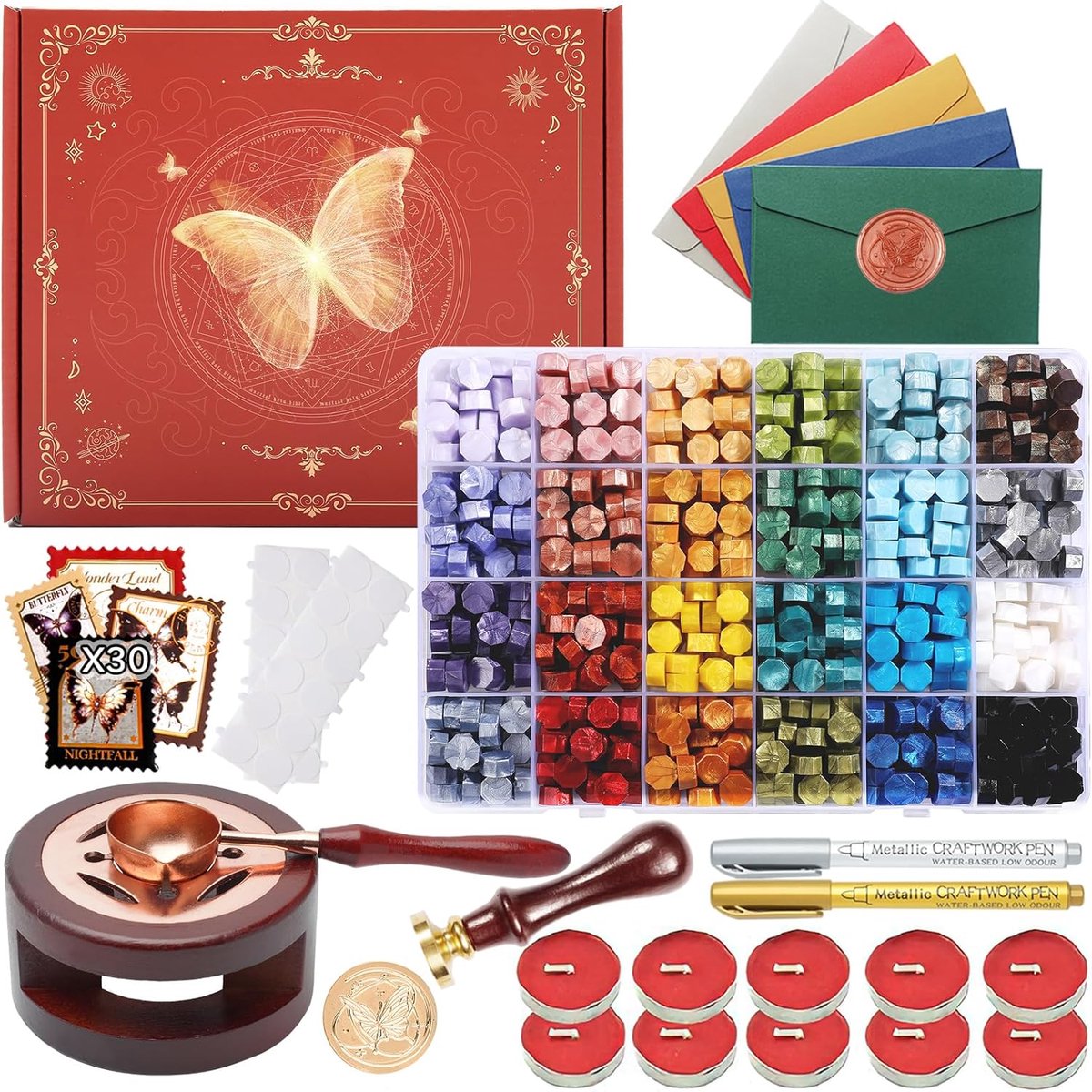 Wax zegelstempelset met geschenkdoos, 630 stuks 24 kleuren zegelstempelkralen, vlinder, zegelwasverwarmer, envelop, zelfklevende stickers voor