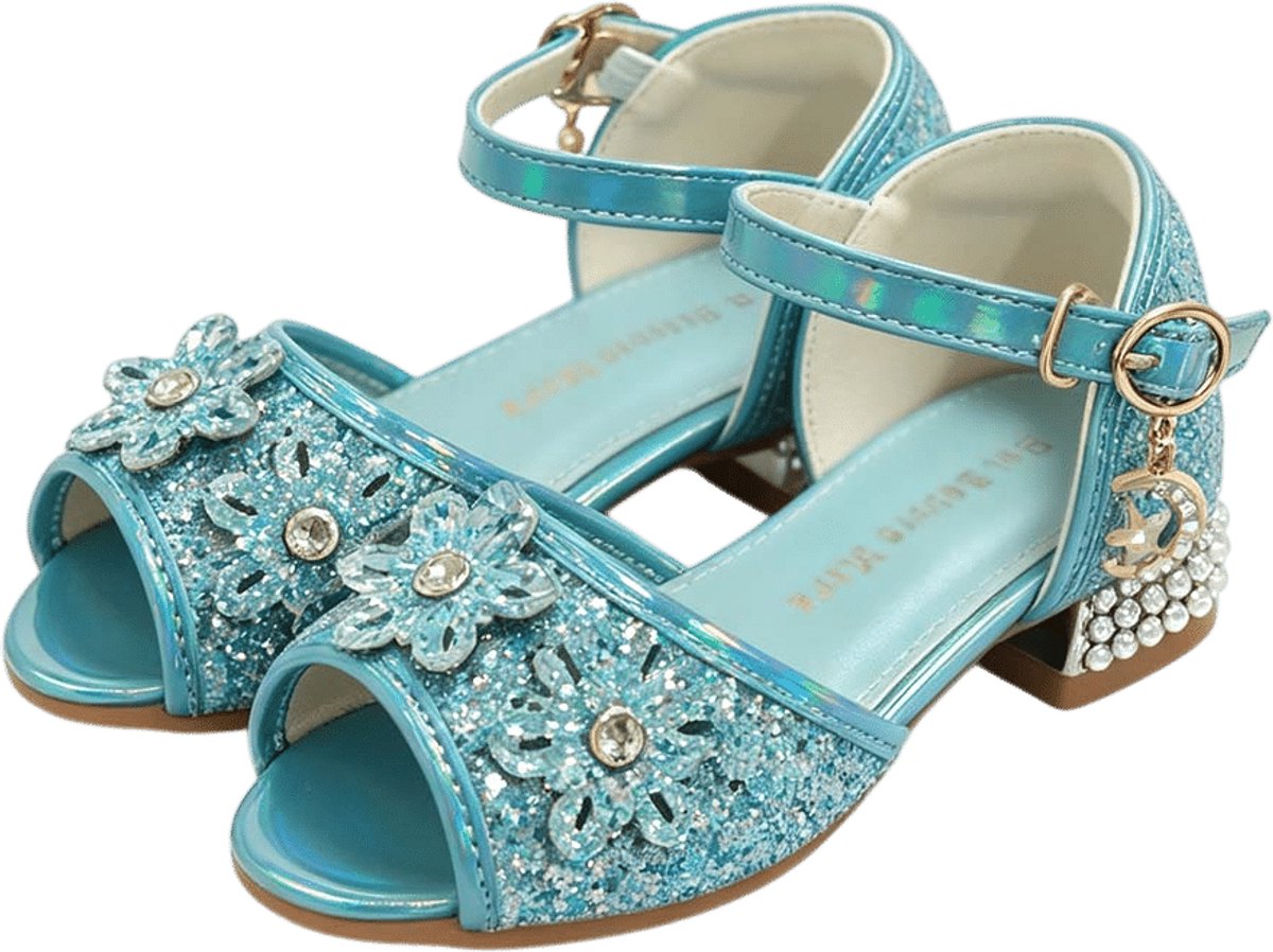 Prinsessen schoenen - met hakje - voor bij je prinsessenjurk - inclusief toverstaf, prinsessen kroon - maat 35 - blauwe prinsessen schoenen plastic