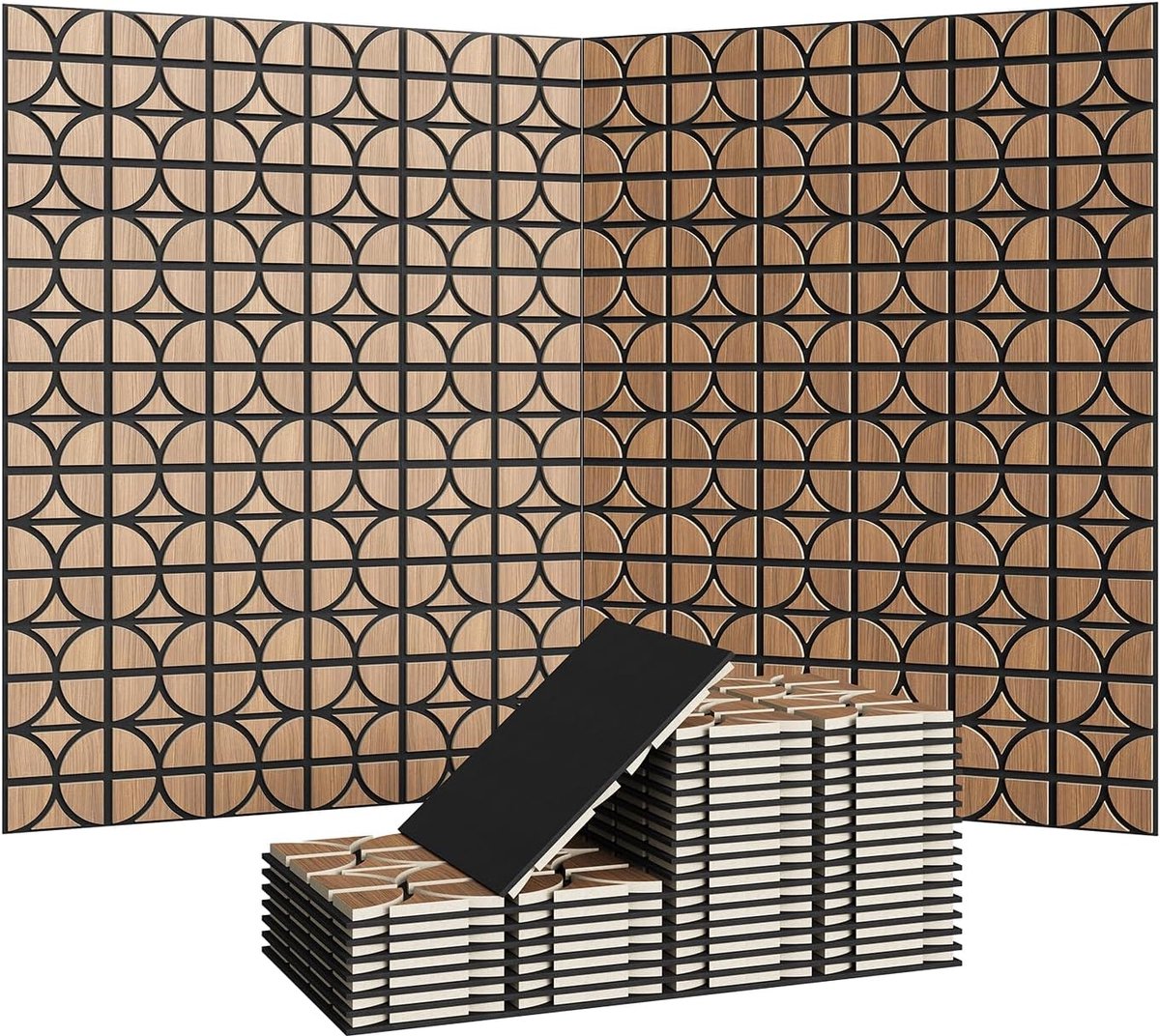 3D-akoestische houten panelen - Geluidsabsorberende wandpanelen - Achterkant van PET-vilt - Voor thuisbioscoop en studio - 24 stuks - 30×30 cm - eikenkleur