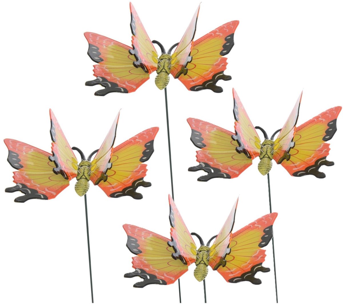 Decoris tuin deco vlinder op stok - 4x - geel - metaal - 17 x 60 cm - dieren decoraties - bewegend
