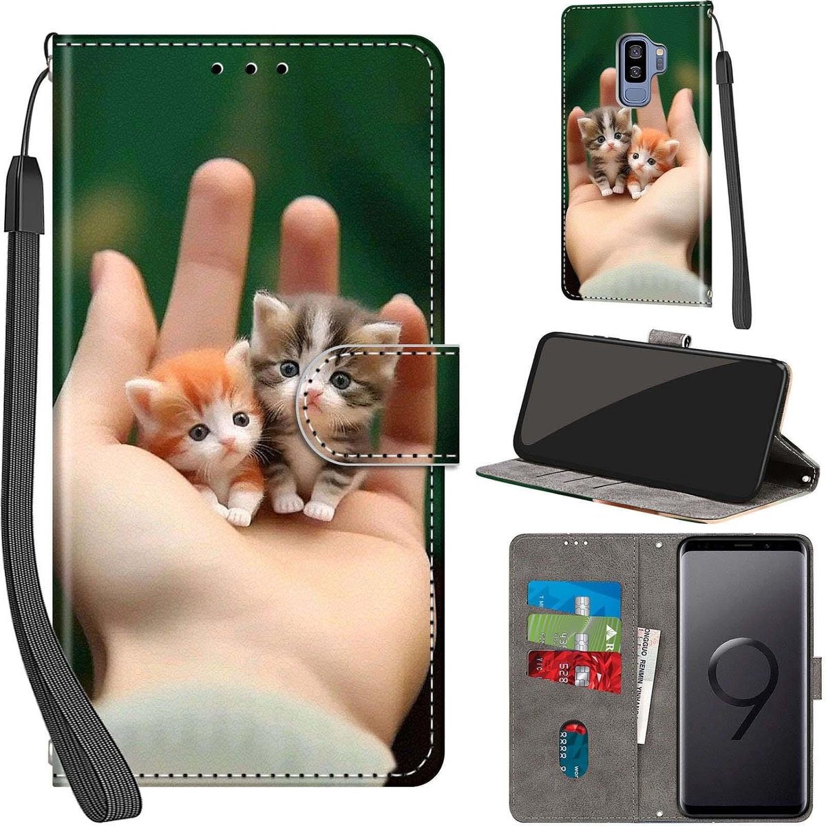 Portemonnee Telefoonhoes voor Samsung Galaxy S9 Plus Kat | Premium Leren Inklapbaar, Meerdere kaartvakken & Verstelbare standfunctie, Magneet Beschermhoes voor Samsung S9 Plus
