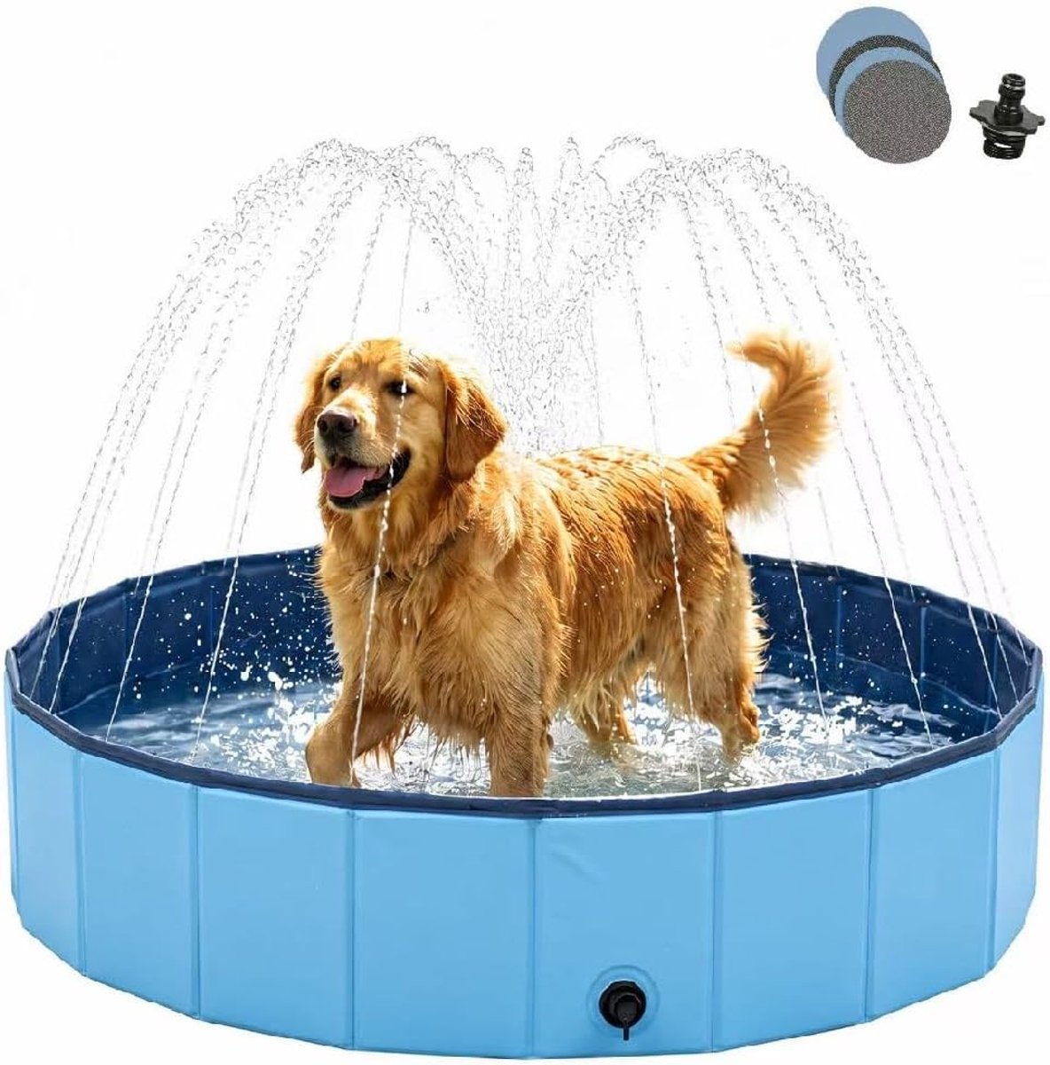 hondenzwembad met sproeier, 2-in-1 opvouwbaar en draagbaar zwembad, PVC hondensproeibadje, hondenzwembad stabiel voor zomer, outdoor, tuin, blauw, 120 x 30 cm