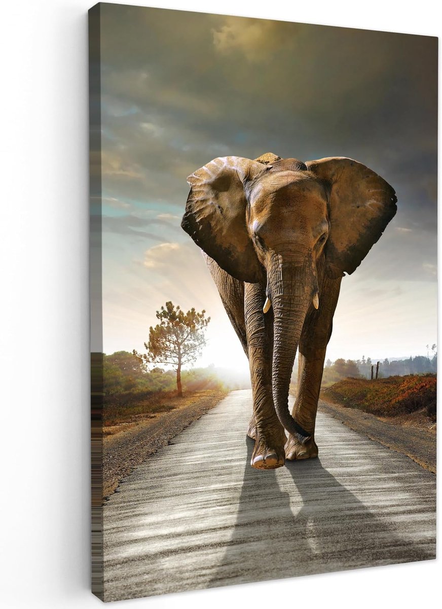 Canvas Schilderij 40x60 cm Kamer Muur Schilderijen Decoratie Woonkamer Slaapkamer Room Decor Wall Decoration Art Painting Olifant - Weg - Dieren - Zonsondergang - Landschap
