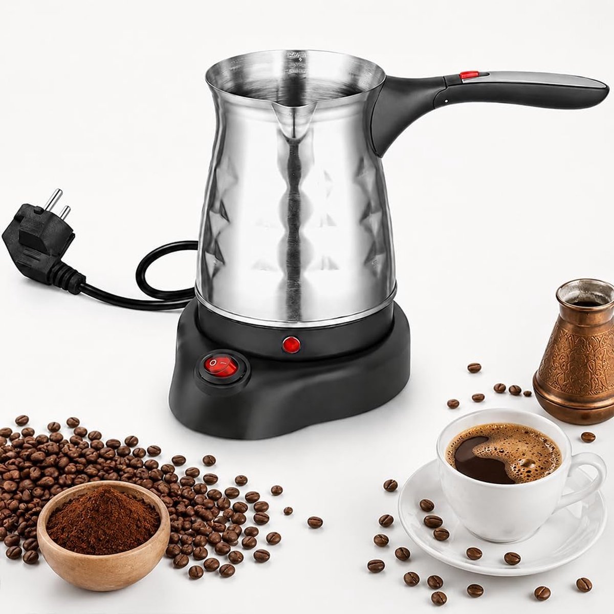 koffiezetapparaat, 500 ml, Turks koffiezetapparaat met handvat, Turks elektrisch koffiezetapparaat van roestvrij staal, draagbaar Turks koffiezetapparaat voor reizen, cafés en kantoren