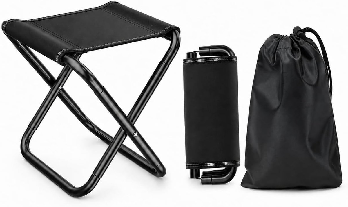 2-Delige Campingkruk Set, Opvouwbare Klapkruk en Draagbare Outdoor Viskruk | Robuust Koolstofstaal met Oxford-Tas, 1 Zwarte Kruk van 24 x 26 x 23 cm, tot 120 kg, voor Camping, Vissen en Tuin