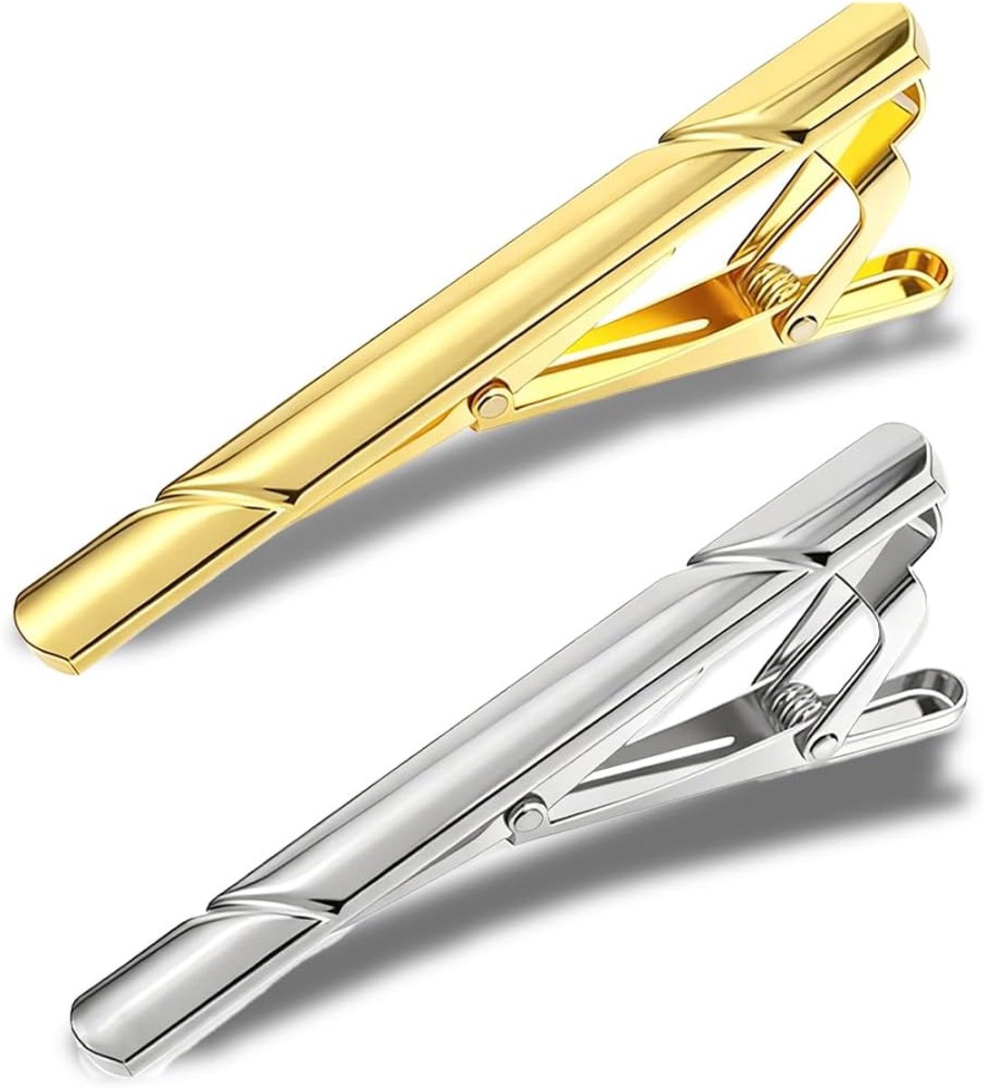 2 x dasspeld, voor heren, stropdasspeld klassiek, voor bruiloften, zakelijke bijeenkomsten, Valentijnsdag, verjaardag en jubileum (goud, zilver)