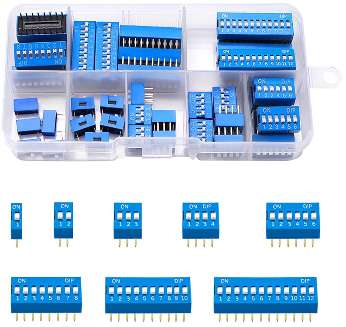 40 Stuks 1 2 3 4 6 8 10 12 Pins Dubbele Rij DIP-Schakelaar, 2.54 mm Achakelaar Achuifschakelaar, voor printplaat PCB (Blauw)