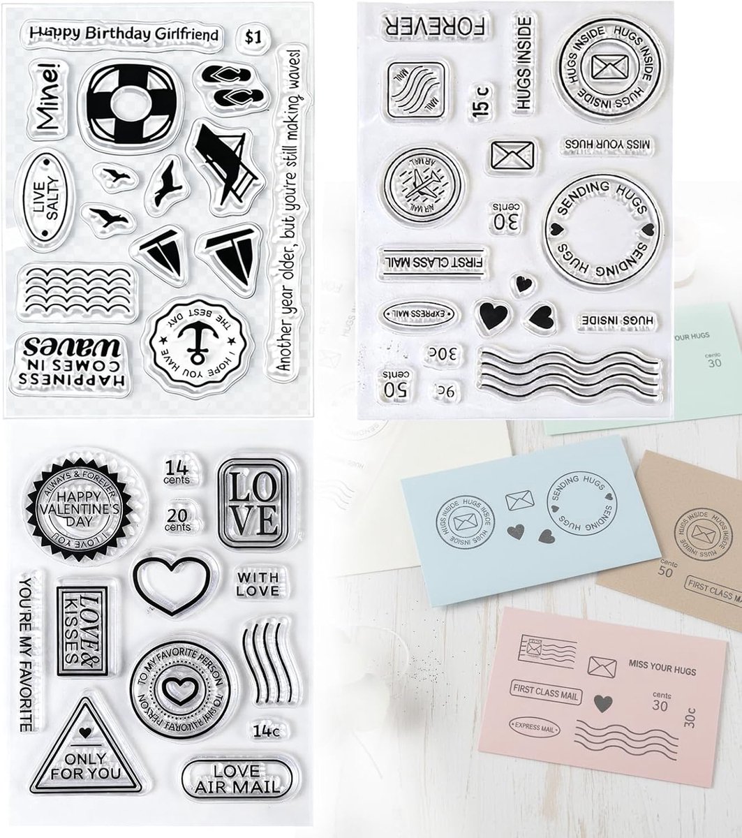 stempelset met 3 vellen, transparante stempels, marine- en jubileummotieven, nuttig voor het maken van kaarten en doe-het-zelf scrapbooking