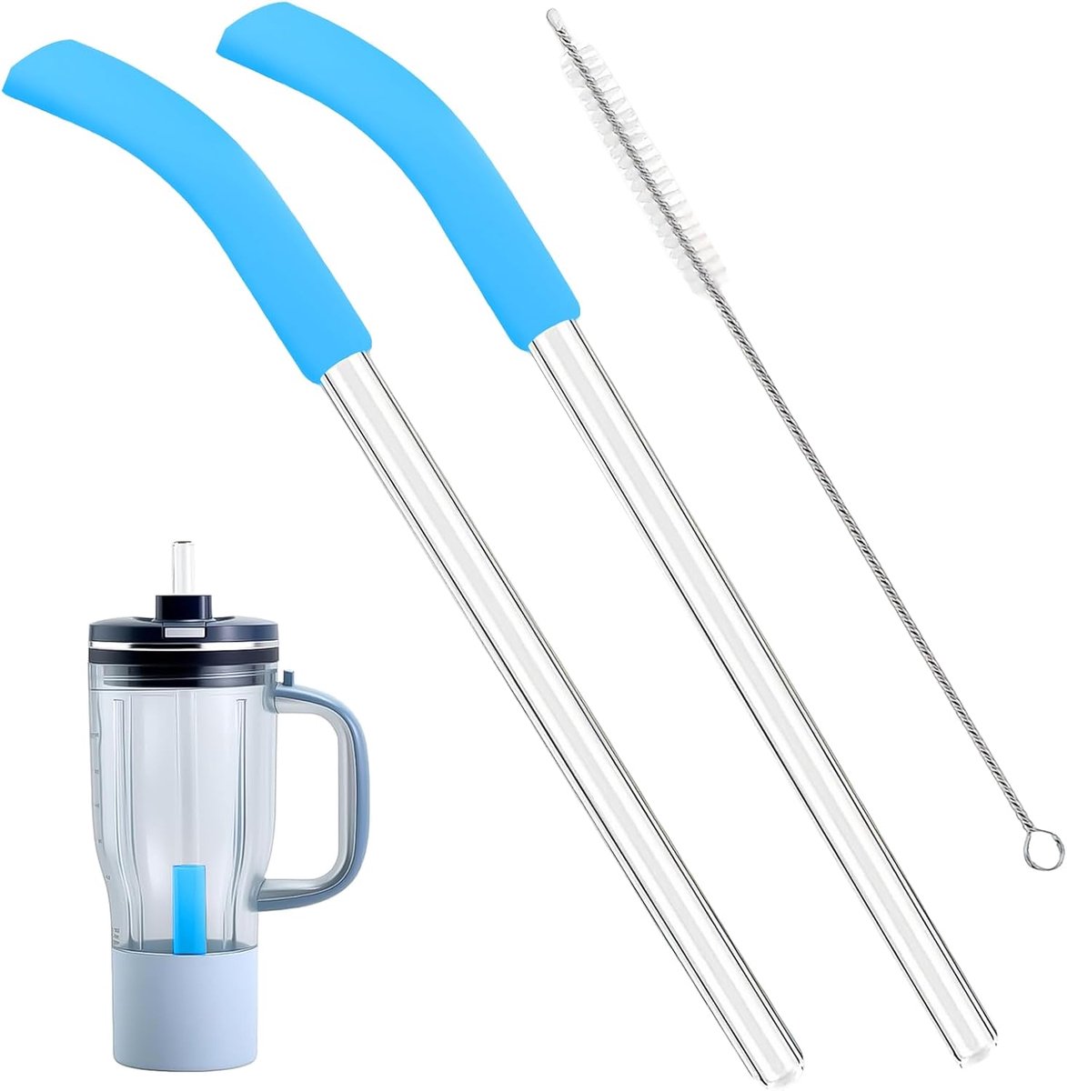 Reserverietjesset voor Ninja Blend Boss blender en reisbeker (blauw) | 2 herbruikbare glazen rietjes, een reinigingsborstel, compatibel met Ninja Blend Boss reisbeker, siliconen voet, BPA-vrij