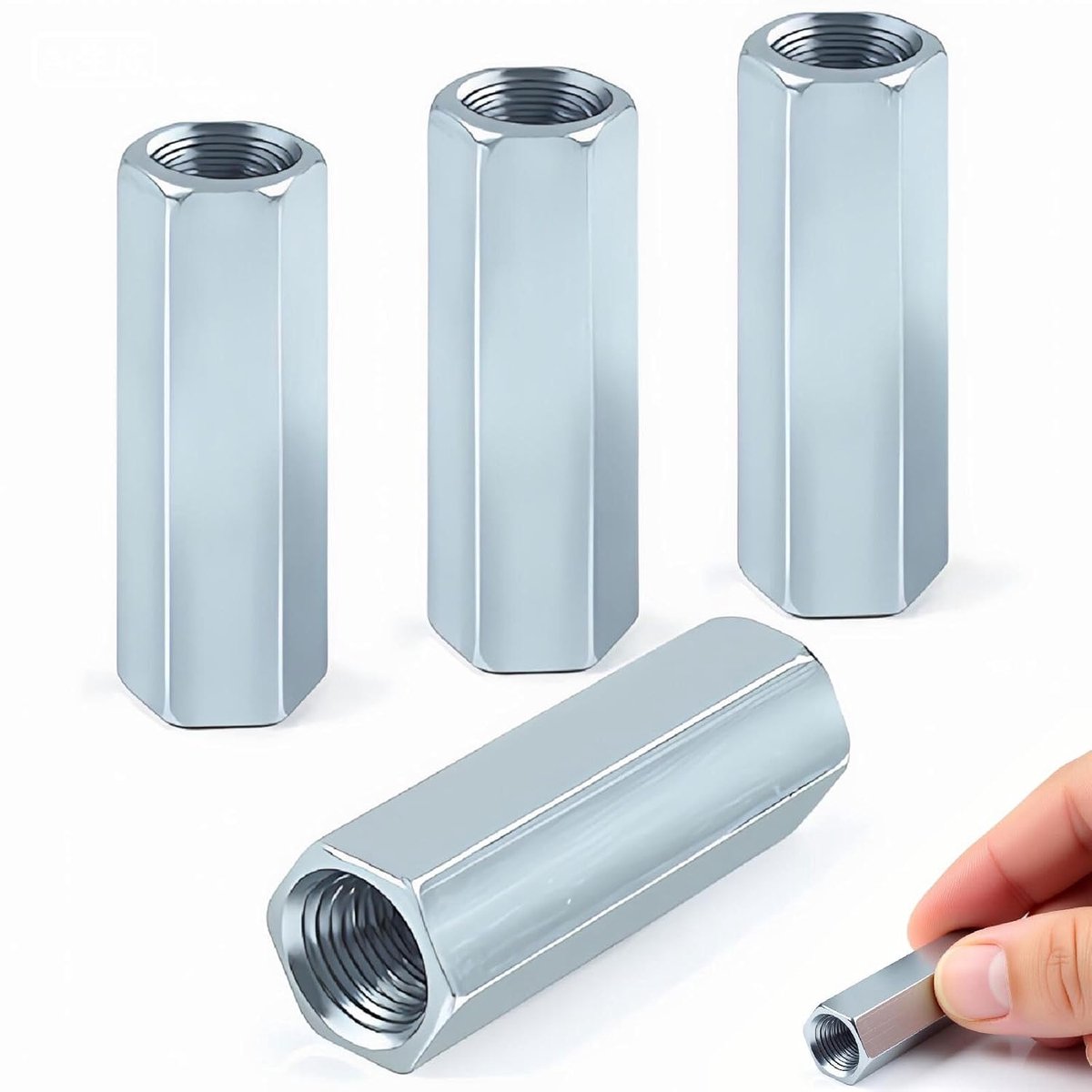 4 stuks lange zeskantige moeren M10 x 40 mm – verzinkte schroefdraadmoffen van koolstofstaal – verbindingsmoeren en afstandsmoffen voor bouten, schroeven en constructietoepassingen