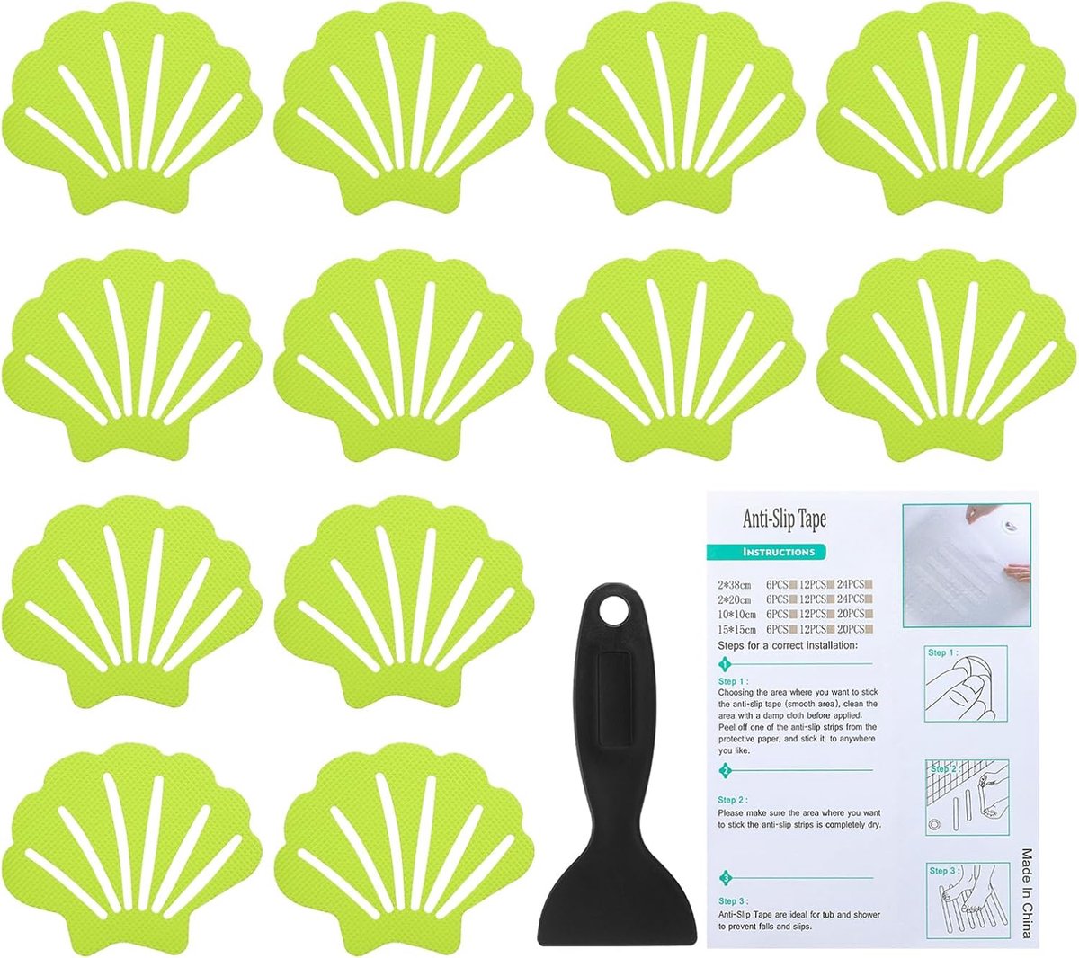 Antislip stickers voor badkuip 90 x 6 cm, 12 stuks beschermende douchevloer anti-slip stickers met zelfklevende stickers, schraper voor bad, douche, vloer, trap, lichtgroen