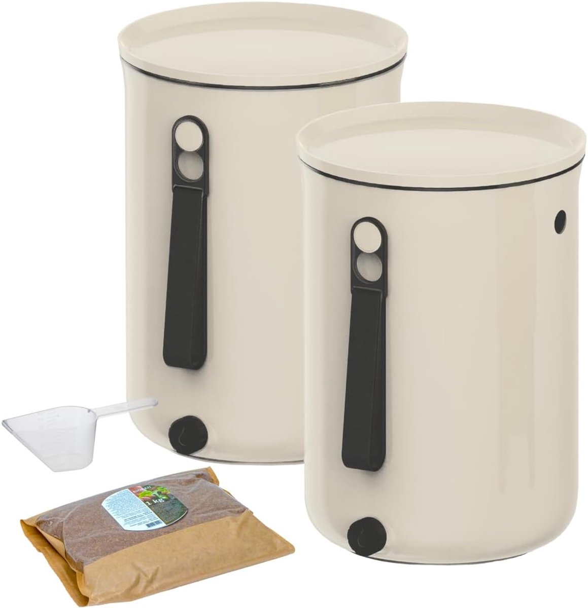 2 stuks Bokashi Organko 2 (9,6 l) | bekroonde keukencompostbak van gerecycled kunststof | starterset voor keukenafval en compostering | met gistingsactivator 2 kg (crème)