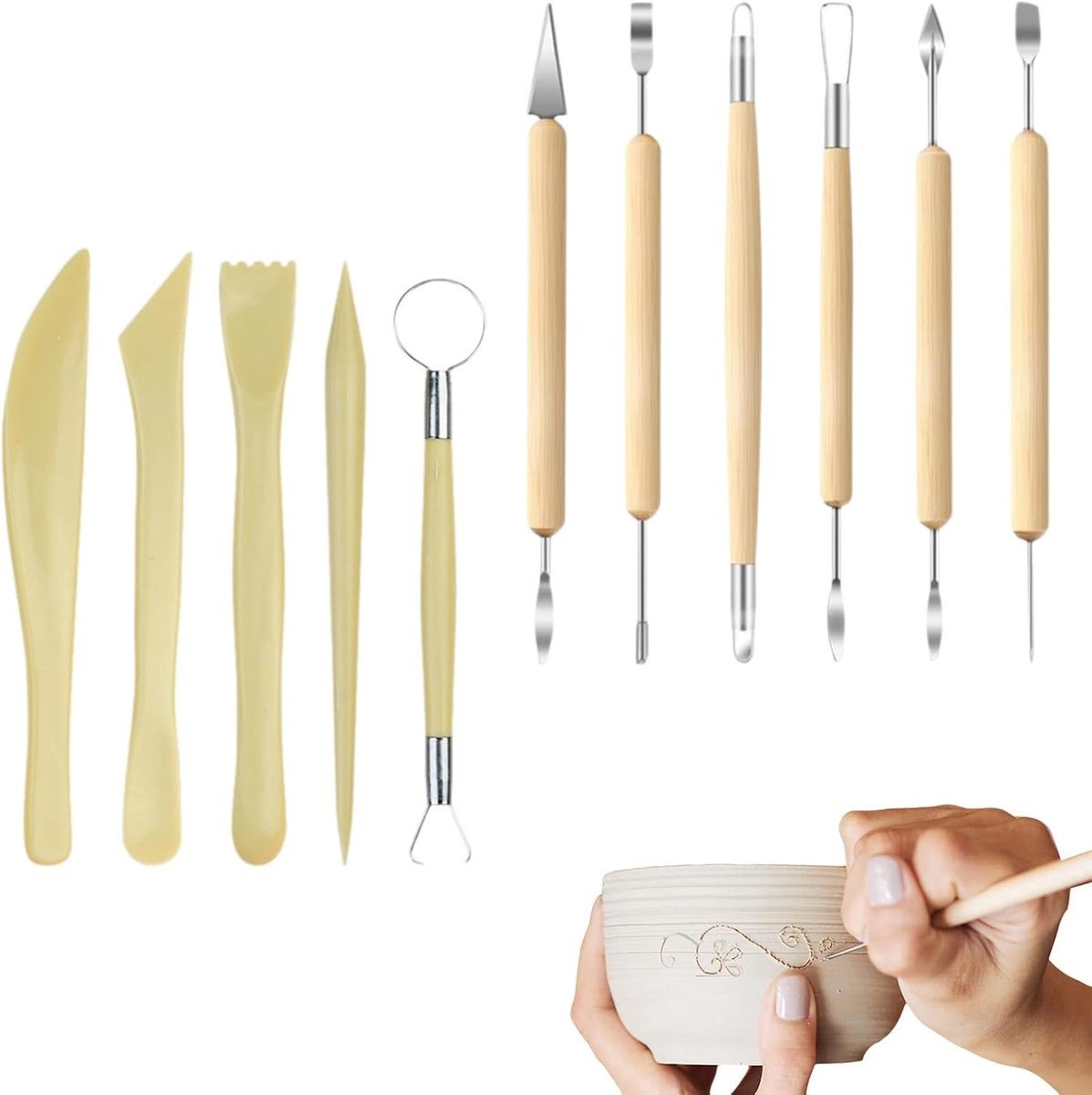 gereedschap set 11-delig voor boetseren en beeldhouwen – dubbelzijdige klei tools met houten handvat – polymeer klei accessoires voor detailwerk en modelleren thuis of in het atelier