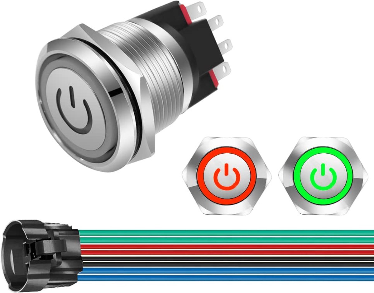 12V-24V /10A Vergrendelende Drukknop NO/NC Waterdicht Groen/Rood LED Licht Verlicht 22mm Metalen Power Start Drukknop met Stopcontact Stekkerdraad