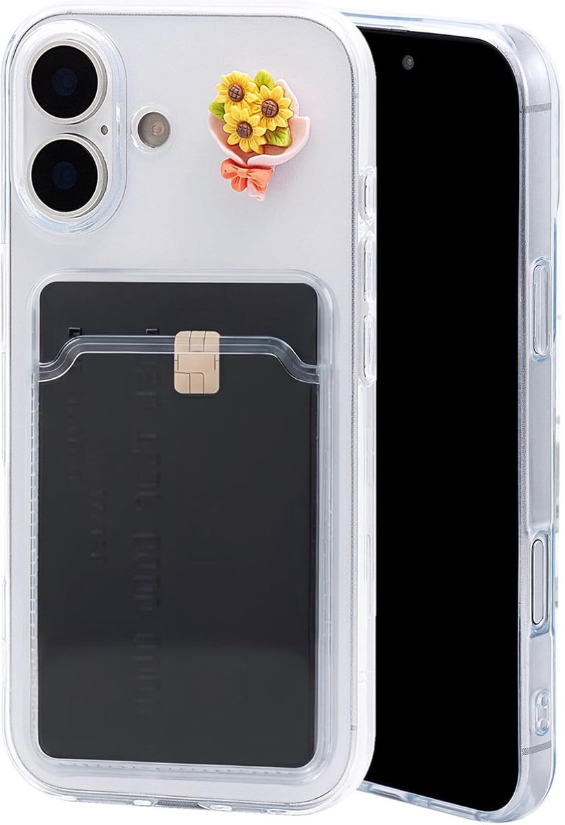 Chengyuanfeng voor iPhone 17 hoesje met pasjeshouder en Gele Bloem-decoratie, hoes doorzichtig, ultra dun, zacht, minimalistisch, schokbestendig, geschikt voor zakenreizen en dagelijks gebruik