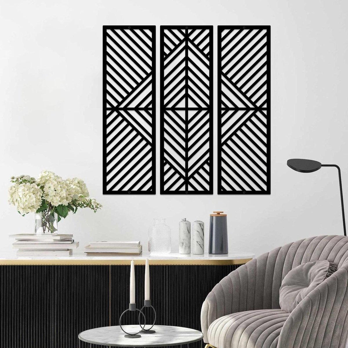 3 stuks geometrisch huis metalen muurdecoratie verticaal abstract minimalistisch modern zwart muurkunst latted ontwerp muur opknoping sculptuur voor woonkamer slaapkamer badkamer kantoor, 56,6