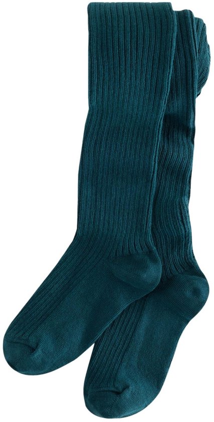 Donkergroene panty met een verticaal ribpatroon, diagonaal geplaatst op een witte achtergrond.